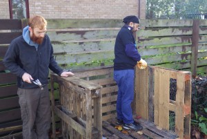 Building the compost bins out of wooden pallets